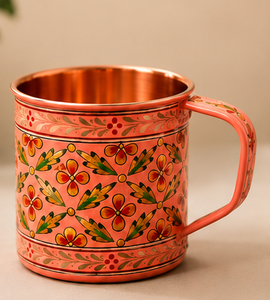Taza de cobre con diseño floral pintada a mano, estilo tradicional indio, vajilla decorativa con asa, base amarilla, asa cómoda. - Product Image 5