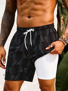 Short de bain sportif unisexe en toile double couche pour homme, séchage rapide, couleur unie, longueur genou, léger, respirant, tricoté - Product Image 4