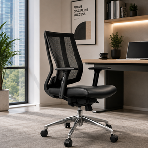 Chaise de bureau ergonomique en maille avec accoudoirs fixes, base chromée, design pivotant, style moderne, couleur noire - Product Image 1
