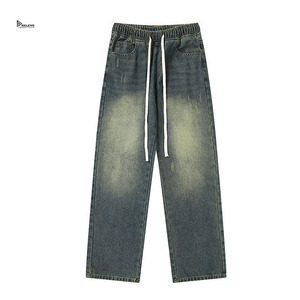 Jean en denim de coton tissé uni personnalisé, taille haute, coupe droite, coupe ample, délavé effet neige, style décontracté streetwear pour l'hiver - Product Image 1