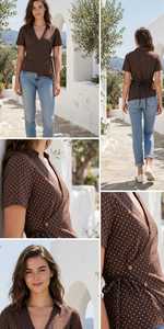 เสื้อเชิ้ตผู้หญิงลายจุด คอวี แขนสั้น ติดกระดุมด้านหน้า ดีไซน์ไม่สมมาตร เสื้อลำลองสำหรับฤดูร้อน - Product Image 4
