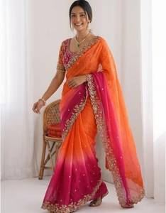 KV Traditional Silk Embellished Embroidered Zari <b>Satin</b> <b>Saree</b> with Stitched Blouse Wrinkle-Free & Reversible for Autumn Party - Product Image 5