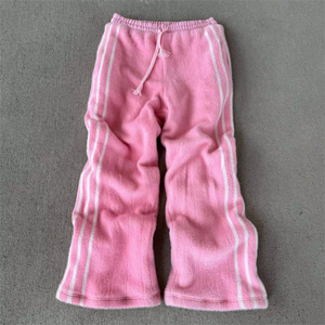 Pantalon de survêtement en molleton rose pour homme, taille élastique avec cordon de serrage, rayures, décontracté, tricoté, hiver - Product Image 1