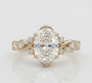 Bague de fiançailles en diamant ovale de culture, bande feuille de vigne, or jaune 14 carats, pavé de feuilles de marquise botaniques, bijoux de mariée - Product Image 1