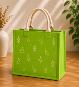 Sac de courses en toile de jute verte avec broderie 35x28x15cm avec poignée supérieure pour le rangement - Product Image 1