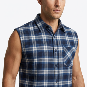 Top Quality Mens Summer Sleeveless <b>Plaid</b> Flannel <b>Shirt</b> Frayed Armhole Casual Button Down Muscle Fit 100% Cotton Breathable <b>Shirt</b> - Product Image 4