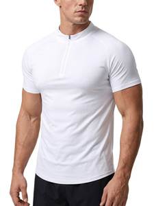 Men's <b>White</b> Short Sleeve Stand Collar Compression <b>T</b>-<b>Shirt</b> Slim Fit Quick Dry Sporty Knitted Polyester Workout Top - Product Image 1