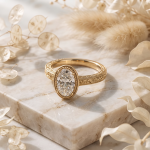 Bague de fiançailles ovale en moissanite en or jaune 18 carats haut de gamme avec sangle gravée et milgrain vintage, bijoux de luxe raffinés - Product Image 4