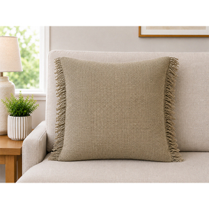 Housse de coussin en lin de qualité supérieure avec bordure à franges |   Coussin carré tissé texturé beige naturel pour canapé et décoration intérieure - Product Image 1