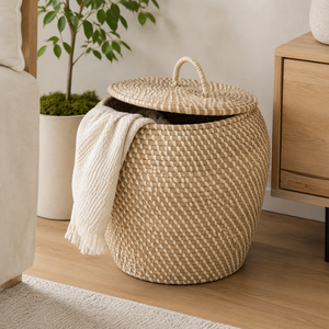 Set of 2 Handmade Seagrass Floor <b>Baskets</b> with Flat Handles Natural <b>Woven</b> Textured Storage Kingcraftviet - Product Image 1