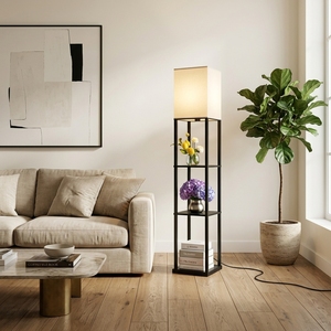 Minimalist Metal & Wood Floor <b>Lamp</b> with <b>Shelves</b> Geometric Pattern Shade Modern Style Standing Light Living Room Bedroom Office - Product Image 5