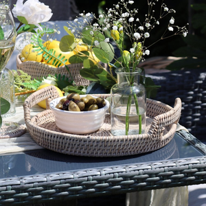 Newly Crafts White Rattan Round Tray For Birthday Party Dining <b>Table</b> Decoration Accessories with Handle At <b>Low</b> Price - Product Image 1
