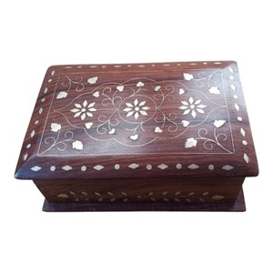 Caja de Almacenamiento de Joyas de Una Sola Capa Tallada en Madera con Incrustaciones Florales, Estuche Rectangular Organizador para Mesa, Empaque de Regalo - Product Image 2