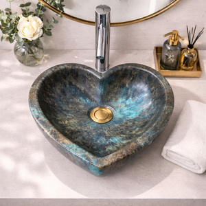 Vasque de salle de bain en pierre de labradorite naturelle de luxe en forme de cœur avec finition bleu-vert irisé pour comptoir de vanité moderne - Product Image 2