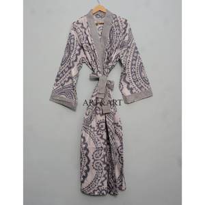 Robe Kimono en Coton pour Femme, Imprimé Bloc, Confortable, Vêtement de Nuit, Robe de Demoiselle d'Honneur, Peignoir de Plage, Robe Faite Main, Naturelle - Product Image 1