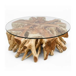 Organic Solid Teak Root <b>Coffee</b> <b>Table</b> with Round Glass Top <b>Rustic</b> Modern Design Live Edge Natural Wood Luxury Furniture - Product Image 2
