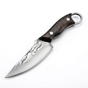 Cuchillo utilitario forjado OEM personalizado para exteriores, hoja de punta caída con espina esculpida, mango de madera dura oscura natural, pasadores de acero inoxidable, anillo para el dedo. - Product Image 6