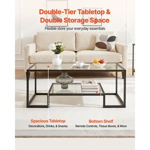 Tavolino da Caffè Moderno a 2 Ripiani in Vetro Temperato con Vano Portaoggetti Aperto, Scrivania Centrale Rettangolare in Metallo Robusto e Minimalista per Casa o Ufficio - Product Image 4