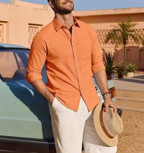 Camisa de Lino Francés 100% para Hombre, Manga Larga, Casual, de Algodón, Corte Regular, para Boda, Playa, Verano, con Botones - Product Image 1