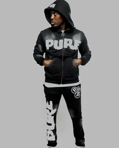 Acid Wash Flared Sweatpants and Hoodie Set Cotton Oversized Sweatsuits Sets Unisex Vintage <b>Distressed</b> Printing Hoodie Tracksuit - Product Image 6