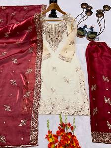 Conjunto de Salwar Kameez de Novia para Mujer, Diseño de Alta Costura con Bordado Intenso, Seda JC de Secado Rápido y Elástica - Product Image 5