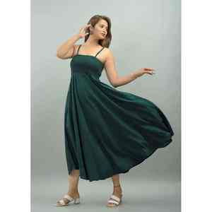 Vestido Midi Verde Oscuro de Algodón con Tirantes Finos y Cintura Imperio para Mujer - Product Image 4