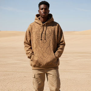 Sweat-shirt à capuche marron pour homme, imprimé effet craquelé, coupe oversize, en molleton bouclette, décontracté, automne, avec logo araignée et poche avant - Product Image 5