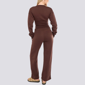 Custom Daily Casual Wear Zipper Crop Coat Top Drawstring Waist Solid Color 2 Pieces <b>Sweatpants</b> and Sweatshirt <b>Women</b> Set - Product Image 3