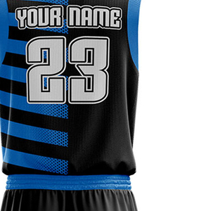 Ensemble d'uniformes de basketball personnalisés sublimés, noir et bleu, col en V, sans manches, en mesh respirant, unisexe, pour adultes, avec le numéro 23 - Product Image 5