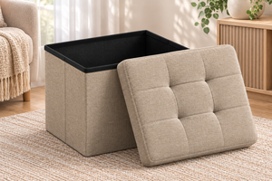 Pouf de rangement en tissu capitonné avec couvercle, couleur taupe clair, pour salon, meubles de maison - Product Image 5