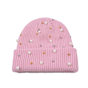 Hip Hop Winter Warm Thick Solid Color Women Ribbed Acrylic Cuffed Rivet Pearl <b>Knitted</b> <b>Beanie</b> With Pearls - Product Image 3