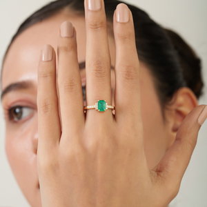 Precious Gemstone Fine 7x5 mm Octagon Cut Emerald & Diamond <b>Stacking</b> Engagement <b>Ring</b> K14 Solid Yellow Gold Wholesale Jewelry - Product Image 2