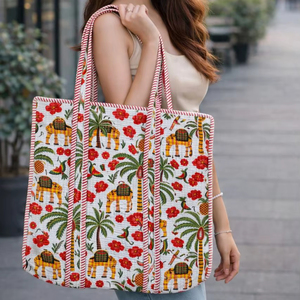 Handmade Vintage Large Tote Handbag Quilted <b>Patchwork</b> Indian Cotton Washable Grocery <b>Bag</b> Printed Design for Women's Daily Use - Product Image 1