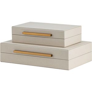 Ensemble de 2 boîtes de rangement décoratives en similicuir beige shagreen avec poignées en métal doré - Product Image 5
