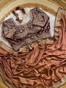 Sari en soie Georgette traditionnel indien avec broderie pour femmes, tenue élégante pour mariage et fêtes - Product Image 4