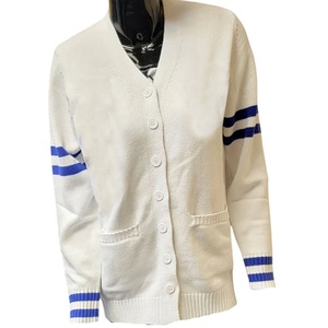 University Sorority Women wholesale Knitted <b>Cardigan</b> Sweater <b>White</b> Blue Varsity V-Neck OEM Striped Sleeve Preppy Sweater - Product Image 1