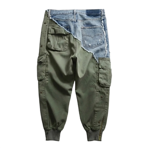 Pantalon cargo pour homme en denim vert olive avec cordon de serrage, style streetwear, patchwork, pantalon harem - Product Image 6
