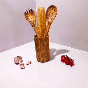 Ensemble d'ustensiles de cuisine en bois d'olivier : cuillère, spatule, fourchette-cuillère et support - Product Image 1