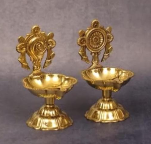 Traditional Brass <b>Oil</b> <b>Lamps</b> Set 2 Radhya Enterprise for Religious Ceremonies Diwali Pooja Decor Geometric Engraved Handicraft - Product Image 3