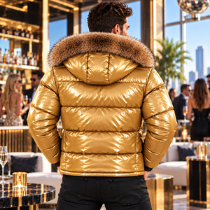 Men's Casual Leather Summer Puffer <b>Jacket</b> Fox <b>Fur</b> <b>Hood</b> | Breathable Plaid Pattern | Piumino Lucido Uomo | Chaqueta Brillante | - Product Image 4