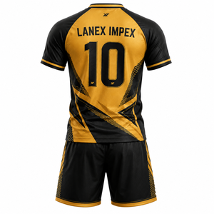 Ensemble de maillots de football personnalisés pour hommes, uniforme de football noir et or, impression par sublimation, manches courtes, maille 100% polyester, équipe - Product Image 2