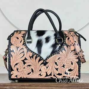 Vintage Speedy Style Genuine Cowhide Leather Tooled Western Leather Floral Design Handcrafted <b>Lady</b> Shoulder Purse Boston Handbag - Product Image 1