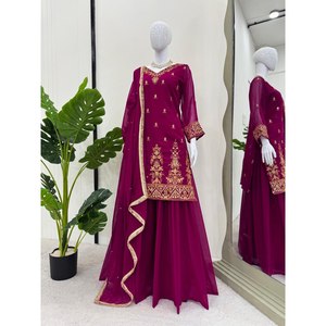 Women's XL Party Wear Salwar Kameez Top-Bottom and Dupatta with Sequence Work and Polyester <b>Material</b> - Product Image 3