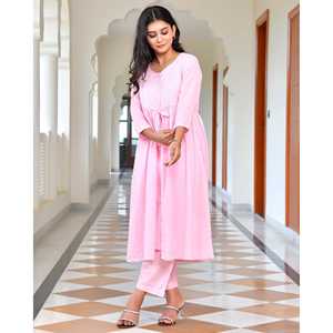 Ensemble coordonné décontracté en voile de coton rose, taille XS, tissu en mousseline, haut à manches trois-quarts, style élégant - Product Image 5