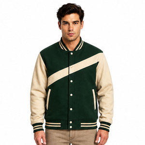 Top Collection Green Cream Letterman Jacket Classic <b>Button</b> Front Comfortable Fit Casual Wear - Product Image 1