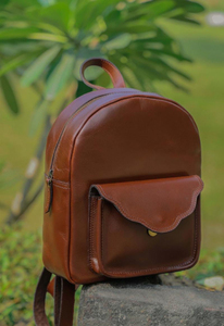 Minimalist Genuine Leather Women's Mini <b>Backpack</b> Brown Round Shape Shoulder Strap Zipper Closure Daily Use Softback - Product Image 2