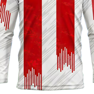 Service OEM, T-shirt à manches longues rayé en sublimation, motif rouge et blanc, sportif, col rond, tricoté en polyester, coupe régulière - Product Image 2