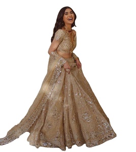 Lehenga pakistanais et indien de créateur avec miroirs dorés, Lehenga en filet doré, tenue de soirée, Choli, robe tendance 2022 - Product Image 1