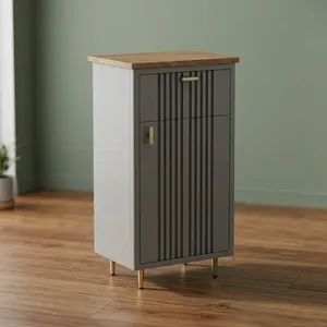 Armoire de salle de bain minimaliste grise avec dessus en bois et poignées en bois, design de porte géométrique pour la maison et l'hôtel - Product Image 4