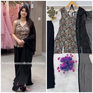 Ensemble de robe traditionnelle indienne pakistanaise pour femmes, noire, longue, brodée, avec des pompons, pour les occasions spéciales, en polyester, coupe ample - Product Image 3
